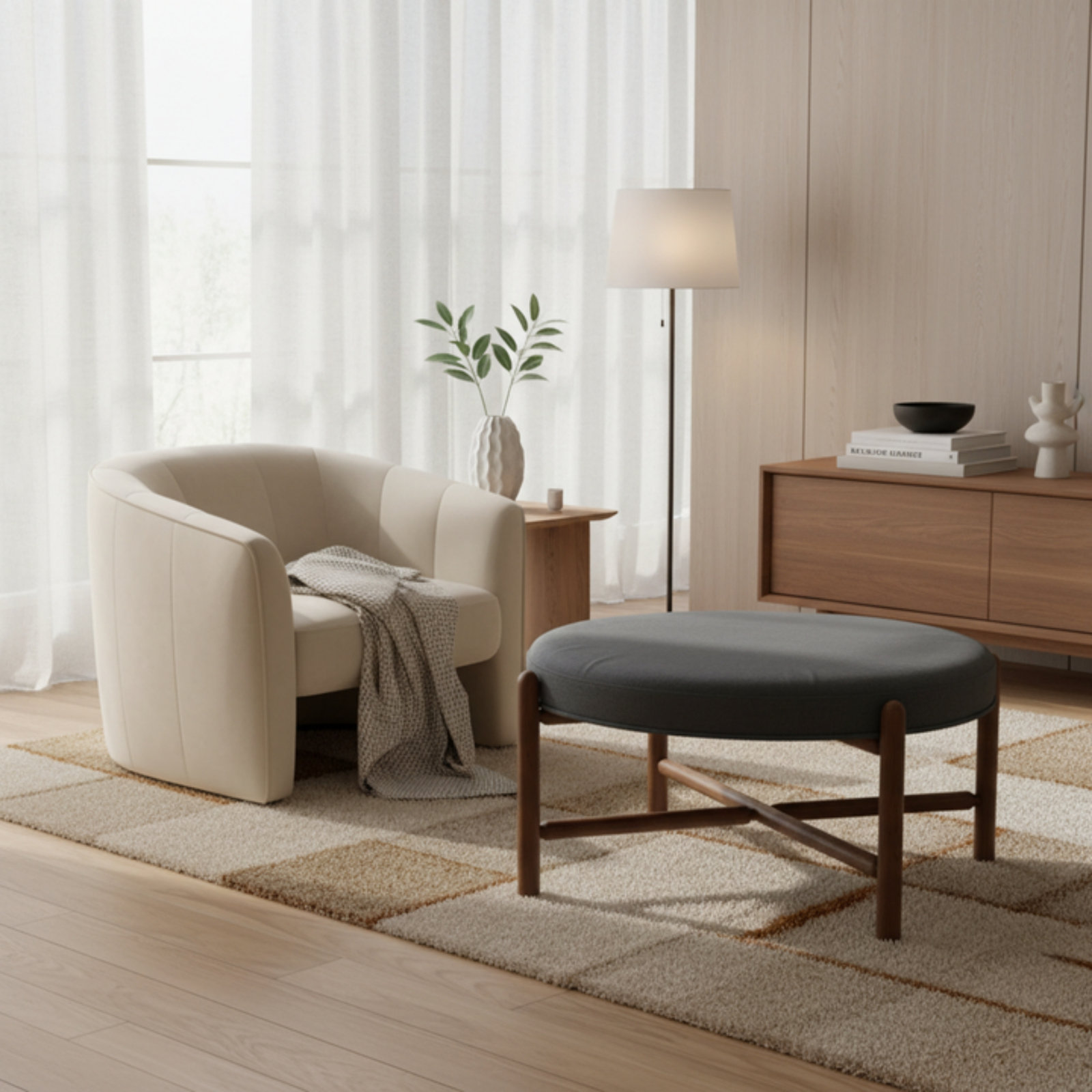 Vane 36" Round Ottoman, Navy, Walnut