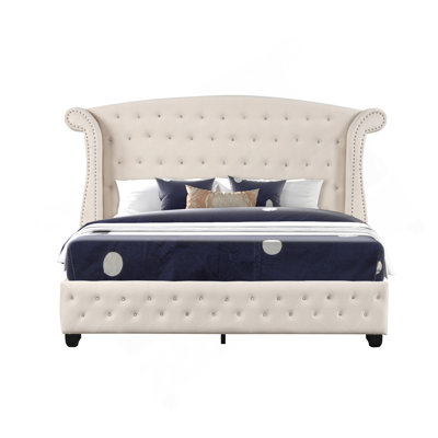 Sophia Crystal Tufted Queen Bed Made With Wood In Cream