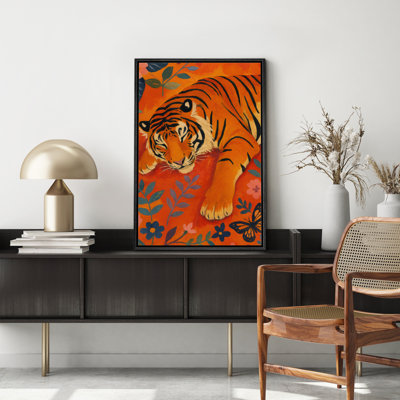 Vibrant Tiger Resting Among Floral Elements on Warm Orange Background - Pictures Framed Canvas Print Wall Art