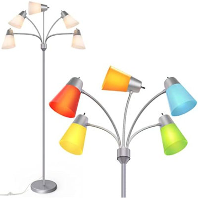 LED Floor Lamp, Medusa Multi-Head Modern Tall Standing Lamps, Adjustable Corner Reading Floor Light For Living Room, Bedroom, Kid Room, Classroom, Coloured Lampshades, Silver Grey