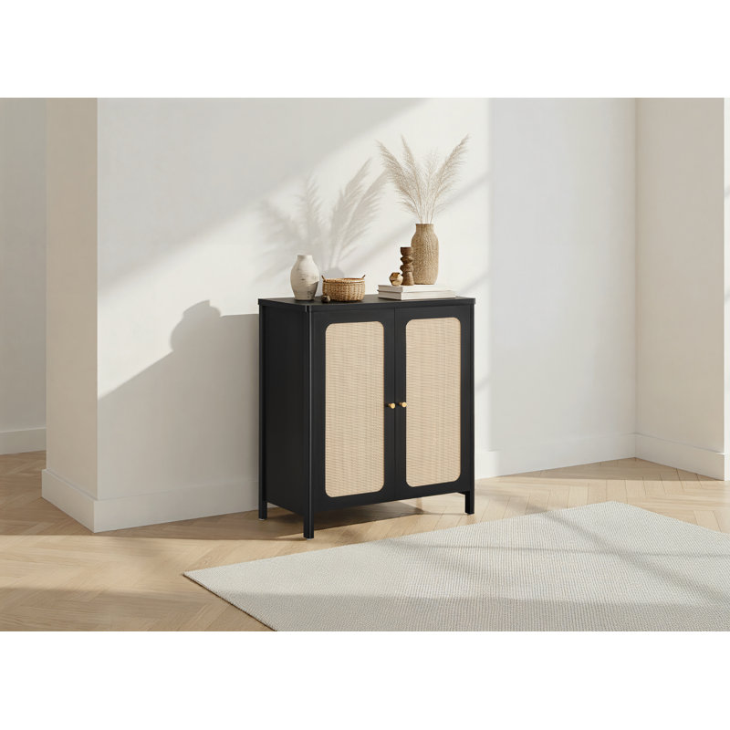 Buffet 32 po moderne avec portes en rotin et tablettes réglables, Noir