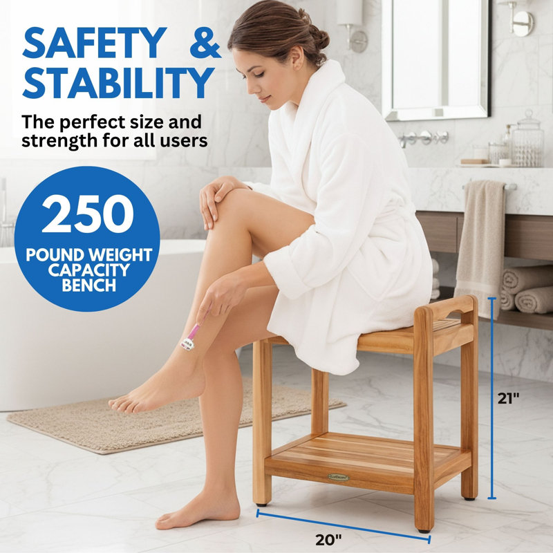 Banc de douche en teck EcoDecors, avec accoudoirs LiftAid, H 21 po x l 20 po x P 14 po