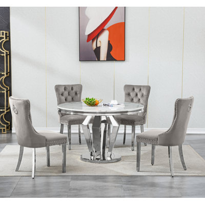 Round Dining Table Set, White Faux Marble Dining Table & Velvet Chairs with Stainless Steel Pedestal, 44.88" Dining Room Table and Chairs Set, Circle by Everly Quinn