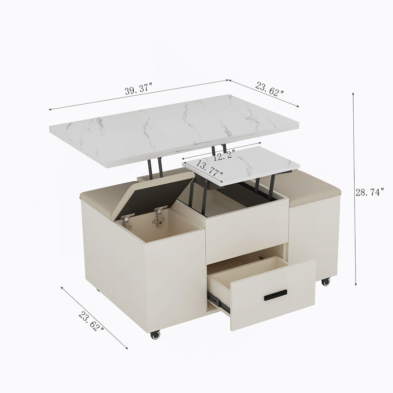 Table basse relevable moderne avec 4 tabourets pour le salon 1 espace de rangement caché