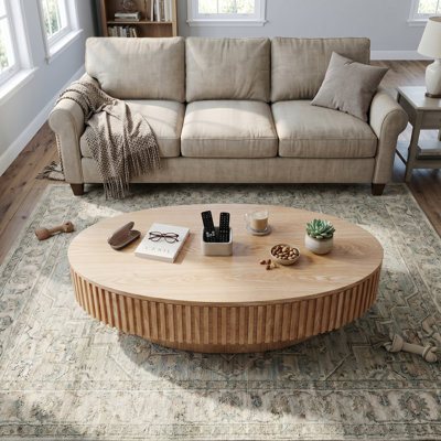 Table basse ovale moderne en bois naturel de 47 pouces avec rangement, table à thé d'appoint en placage de bois massif pour le salon, la chambre et le bureau