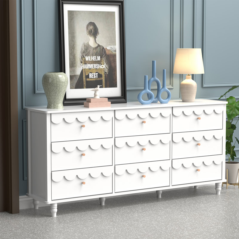 Commode de décoration florale 9 tiroirs 63,1 po, Blanc