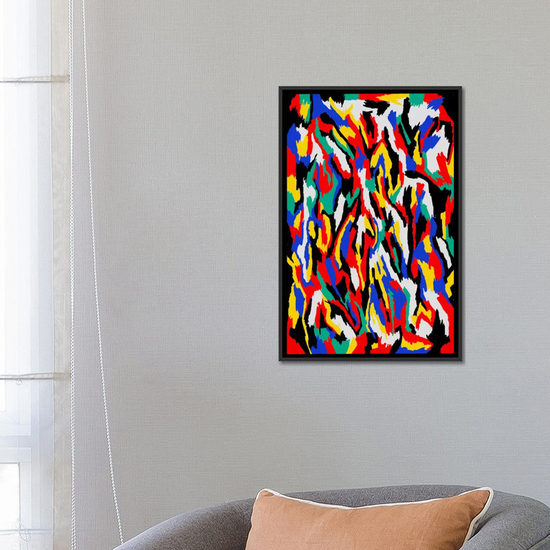 « bauhaus camouflage », impression sur toile, H 26 po x l 18 po x P 1,5 po, Toile avec cadre noir, Pas de tapis