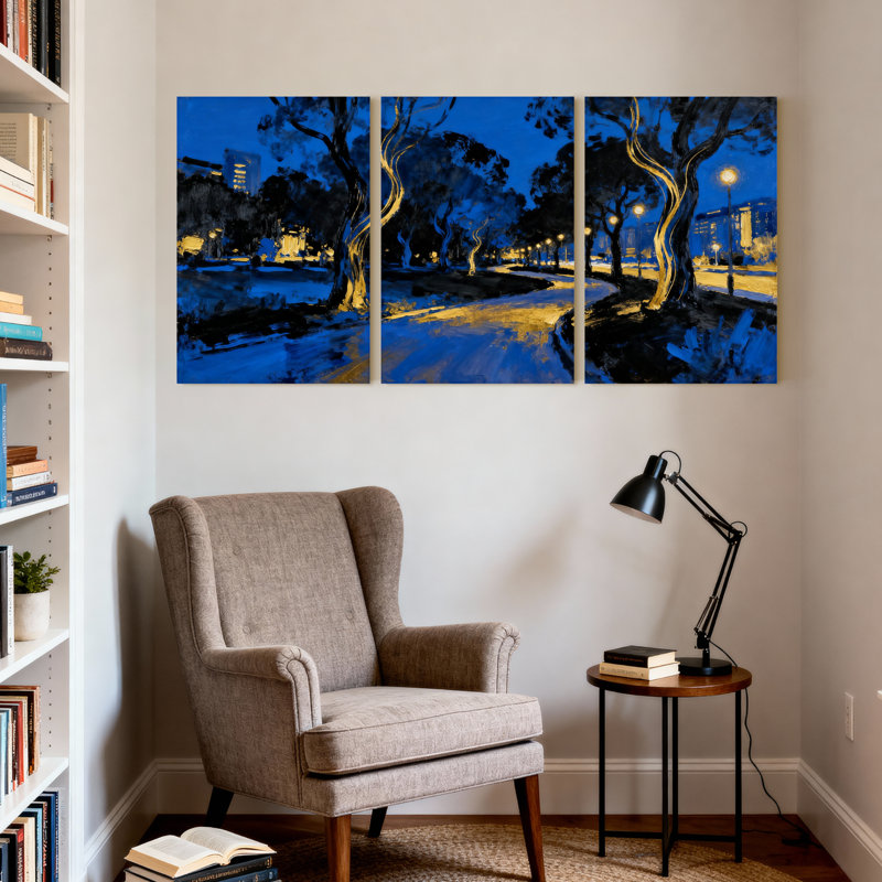 Cités et pays «Blue Night Park Trees Lights Reflections», ensemble de 3 impressions sur toile, H 30 po x l 60 po