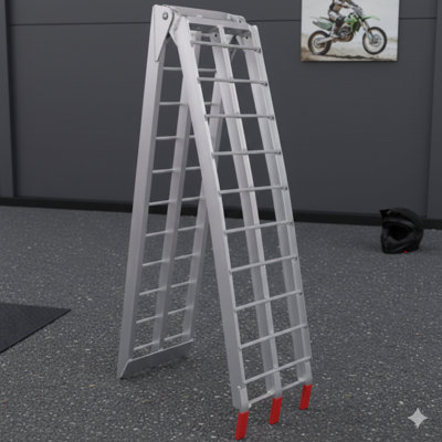 Pair of aluminum loading ramps measuring 7.5 feet in length. Each pair has a combined load capacity of 1500 pounds. Includes safety straps. Suitable for loading motorcycles, ATVs, trucks, four-wheelers