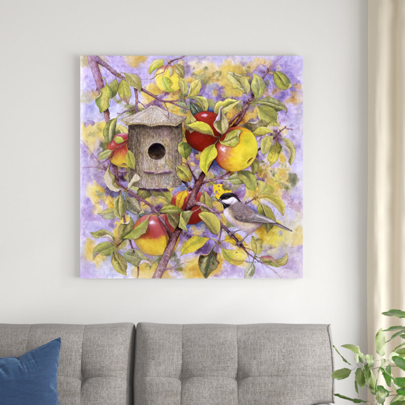 Mésange et pommes, H 36 po x l 36 po x P 1,25 po
