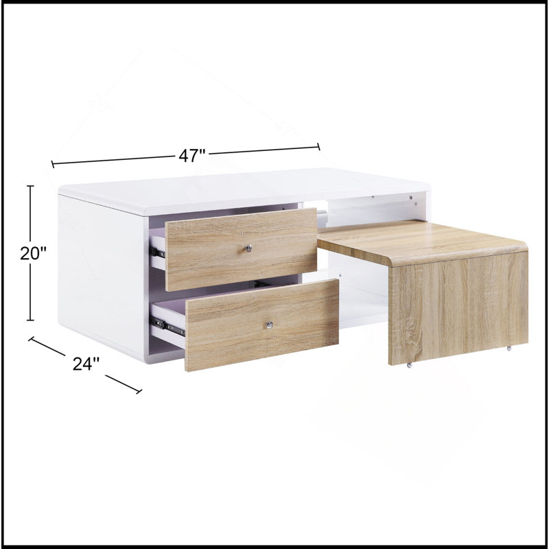 Table basse rectangulaire avec table coulissante, blanc brillant