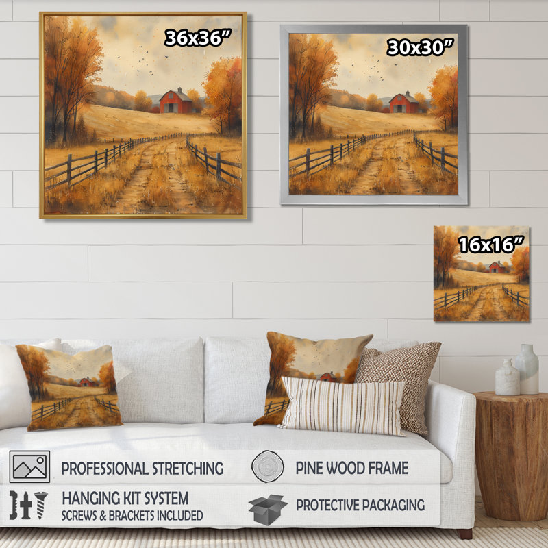 Décoration de grange rouge et jaune «Autumn Country Delight», Toile argentée avec cadre flottant