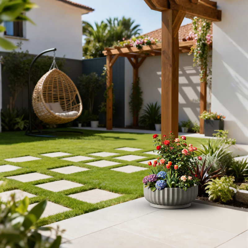 Bol à fleurs rond en forme de pot de fleurs avec trou de drainage de 15 po en pierre gris moyen (intérieur amélioré)