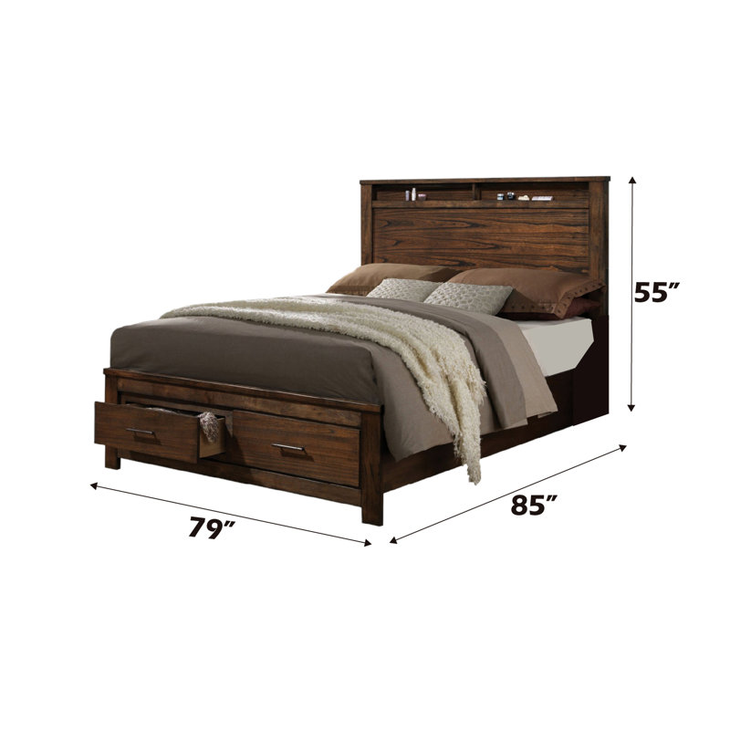 Lit de rangement Ek - finition chêne, aucun sommier tapissier requis, tête de lit à tablettes pour l'organisation, optimisation de l'espace des tiroirs, construction, accessoires en laiton antique requis, livres et décor, tiroirs supplémentaires