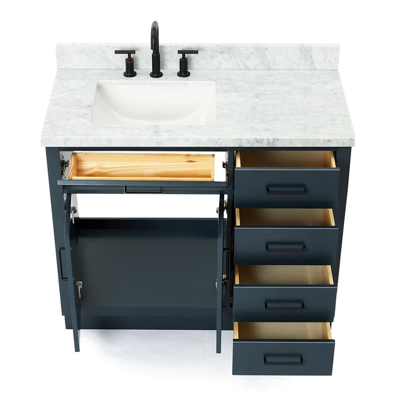 Meuble-lavabo simple en bois massif Tidworth de 42 po avec plateau en marbre de Carrare de 1,5 po, Gauche, Bleu minuit
