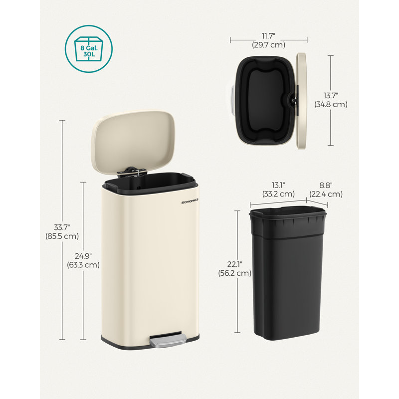 Steel Step On Kitchen Trash Can - 30L, Sand Beige