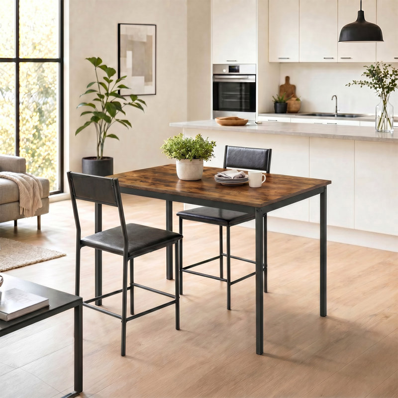 Ensemble de table de salle à manger 3 pièces industriel, table rectangulaire rustique en grain de bois rétro avec 2 chaises rembourrées en polyuréthane noir, mobilier de coin-repas en métal compact pour petit appartement