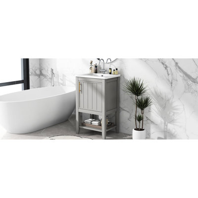 Meuble-lavabo de 20 po avec lavabo en céramique blanche, porte à fermeture douce, charnières en acier inoxydable et rangement pour produits en bois massif gris de 20 po, support, esthétique moderne