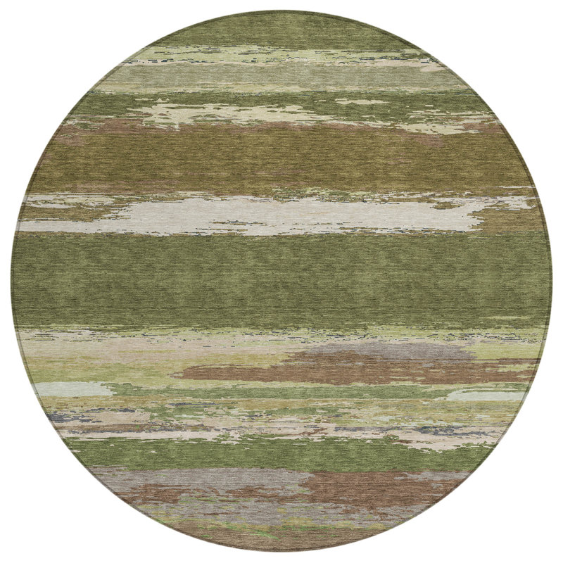 Machine Washable Indoor/Outdoor Christain ACN1284 Olive Rug, Round 8'