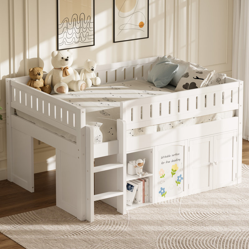 Full Size Low Loft Bed, Front Chalkboard Panel, Storage Cabinet And Shelves, Contemporary, Kids Bedroom, White