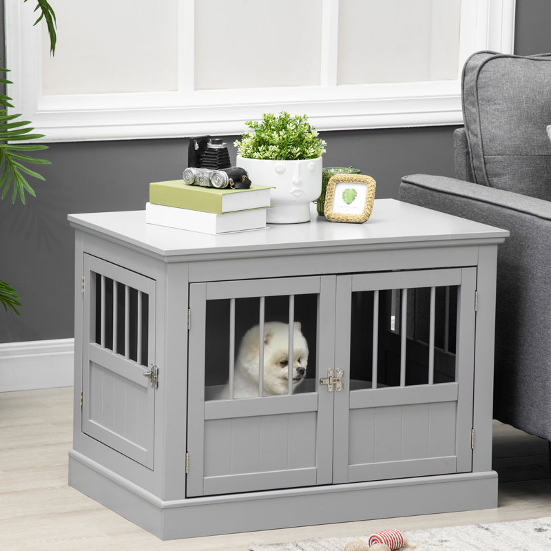 Triple Doors Small Dog Crate, And Functional, Grey Kennel End Table, For Dogs,