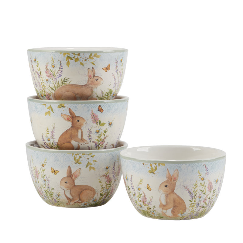 Ensemble de 4 bols à crème glacée Pâques Meadow - bols en céramique de 24 oz avec motifs fantaisistes de lapin, de fleurs sauvages et de papillons - Va au micro-ondes et au lave-vaisselle pour les repas du printemps et de tous les jours