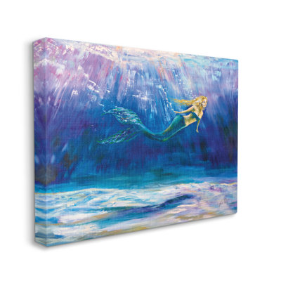 Mermaid Swimming Deep Blue Ocean Water - Wrapped Canvas Painting