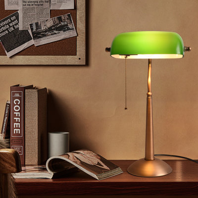Antique Vintage Bronze  Sleek Glass Shade Bankers Table Lamp With Pull Switch For Living Room