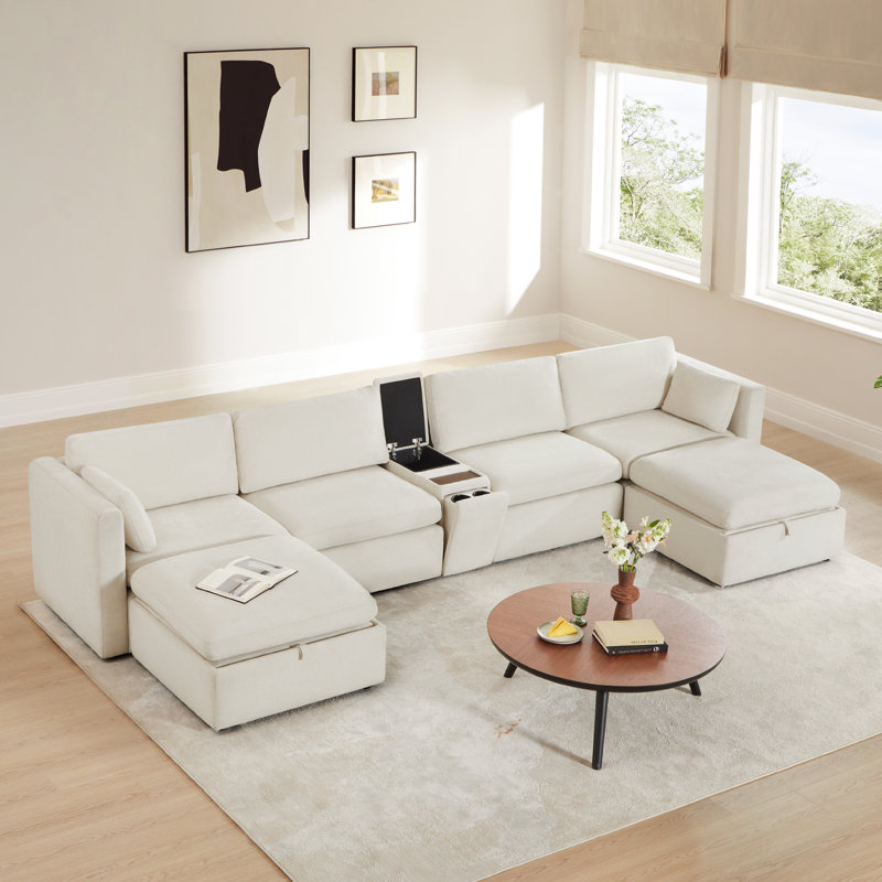 Winfree 6- Piece Upholstered Sectional With Console, Linen Polyester