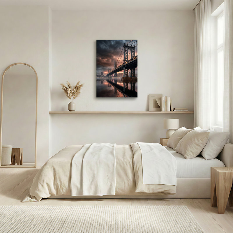 «Suspension Bridge Over Water with City Skyline», art mural, H 24 po x l 18 po