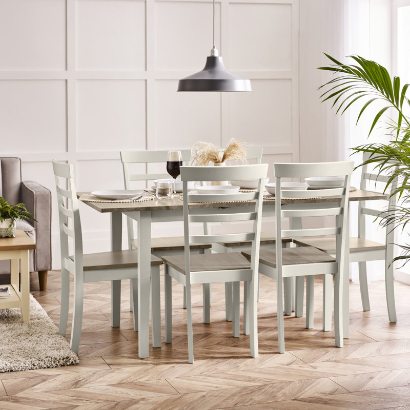 Alissah Rubberwood Extending Dining Table Set, White/Gray, 7 Pieces: Table, 6 Chairs