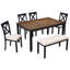 Table de salle à manger intemporelle 6 places, bicolore noir et chêne, style moderne, construction en bois, banc et chaises confortables, surface imperméable et facile d'entretien, support stable, forme en X, montage facile, rectangulaire avec banc.