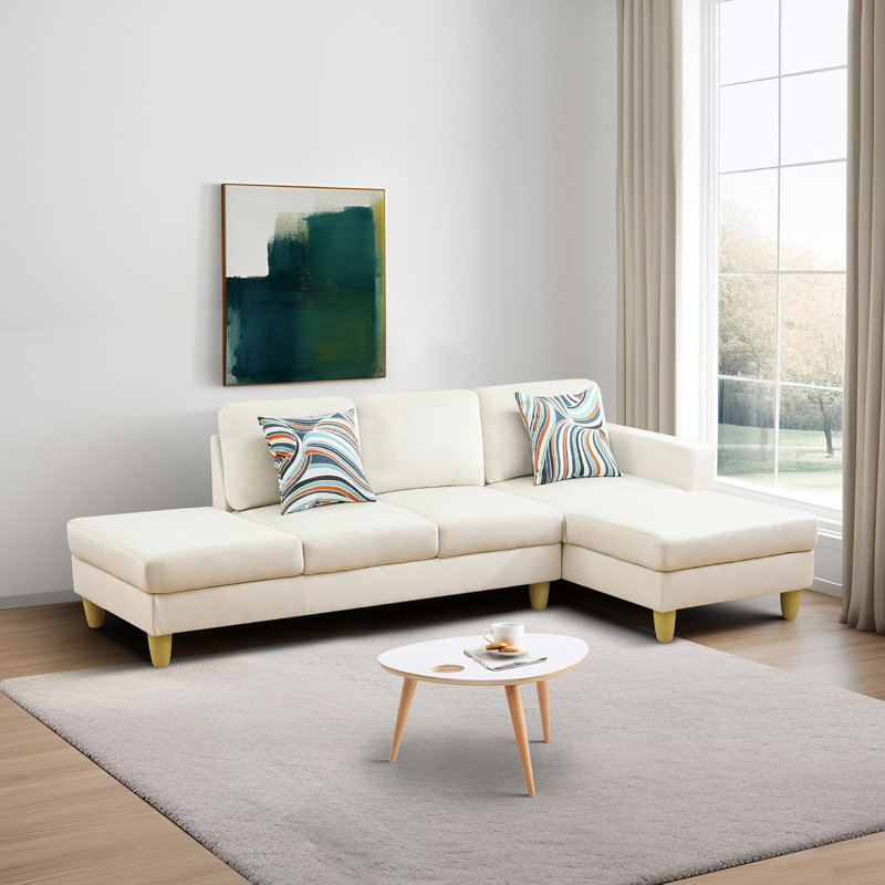 2-Piece Faux Leather L-Shape Lint Sectional Sofa, White Faux Leather, Right Hand Facing