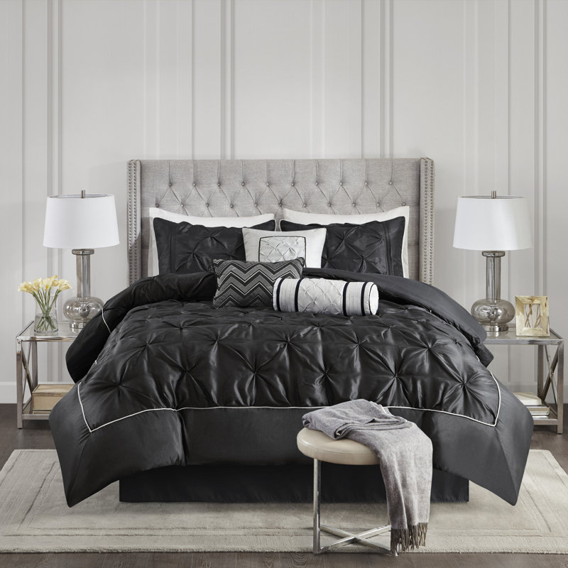 King Black Microfiber Pintuck Comforter Set with Decorative Pillows