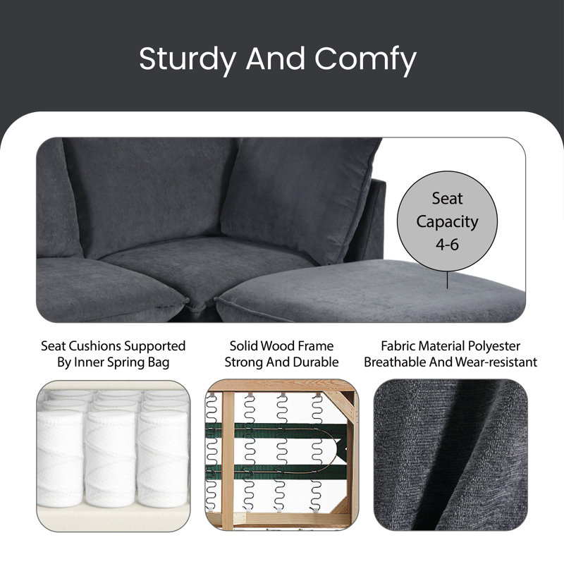 Ruthmae Upholstered U-Shaped Sectional with Ottoman Reversible, Gray Polyester Blend