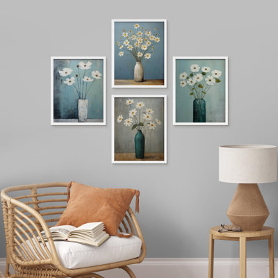 «Vintage Daisy Floral Rustic Country Style White Flowers In Vases», reproduction encadrée sur papier, 4 pièces