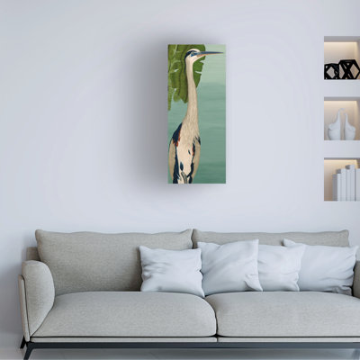 Wrapped Canvas Wall Art - Barbara Fallenbaum 'Pool Side Heron' Wall Art for Living Room, Bedroom, or Office Décor  - 20x47