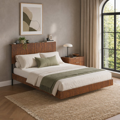 Walnut Full Floating Bedstead with Charging Station, LED Lights, and Wavy Headboard - No Box Springs Required