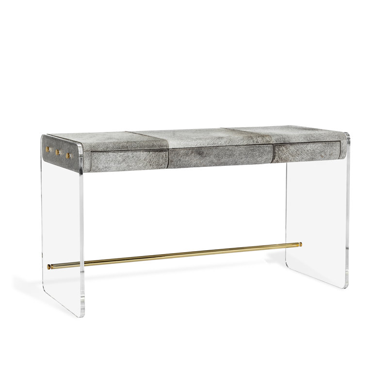 Cora 52" Clear Acrylic and Polished Brass Writing Desk with Gray Hide
