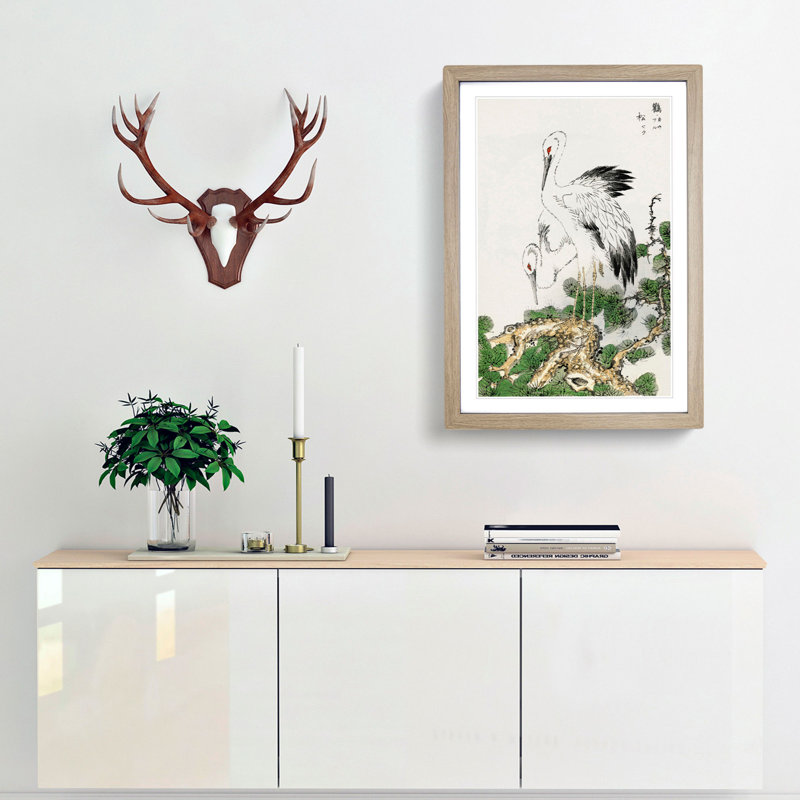 Two Japanese Storks by Numata Kashu - Picture Frame Painting Print, Oak Framed, 48cm H x 36cm W x 2cm D