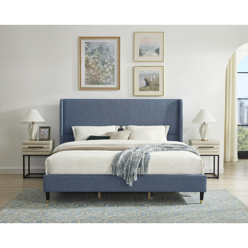 Rozitta Upholstered Wingback Bed, King, Blue Polyester