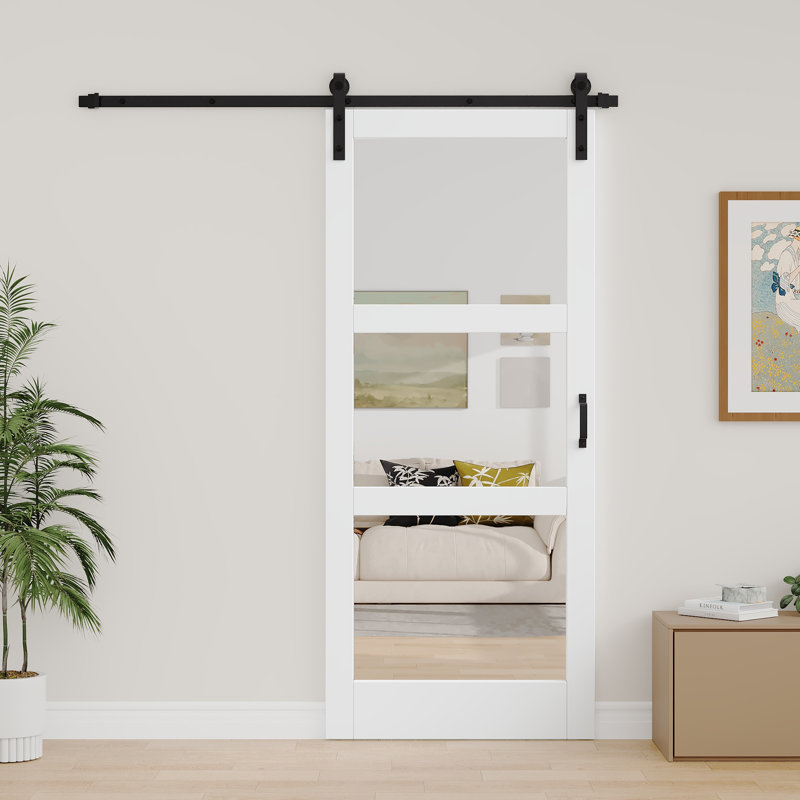  3-Lite 𝗗𝗼𝘂𝗯𝗹𝗲-𝘀𝗶𝗱𝗲𝗱 𝗠𝗶𝗿𝗿𝗼𝗿 Glass Barn Door Sliding Solid Manufactured Wood Interior Doors with Hardware Kit