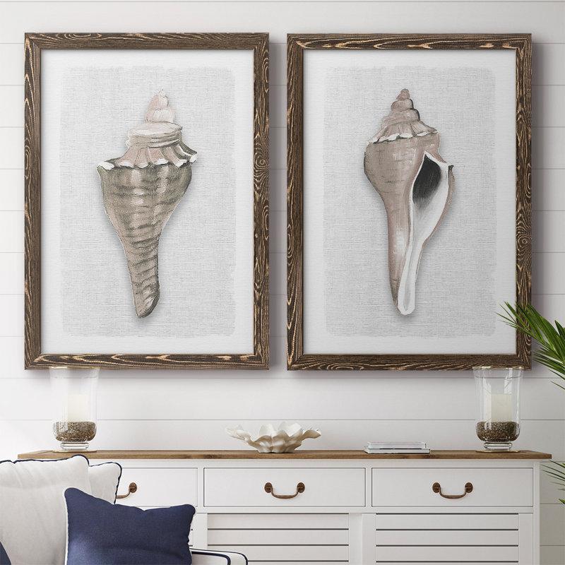 Sea Front Shell I - Toile encadrée de qualité supérieure - prête à être accrochée, H 31,5 po x l 88 po x P 1,5 po, Noyer