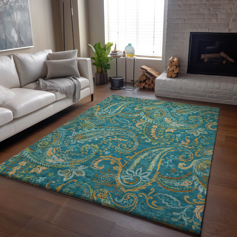 Tapis bleu sarcelle de qualité supérieure lavable à la machine Cerrito AMF533, Rectangle 10 pi x 14 pi