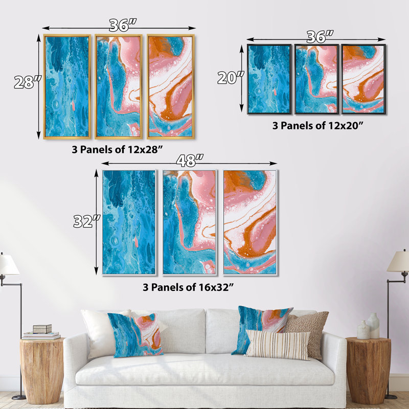 Turquoise et rose, vagues de marbre I - ensemble de 3 peintures sur toile à cadre flottant, H 32 po x l 48 po x P 1 po
