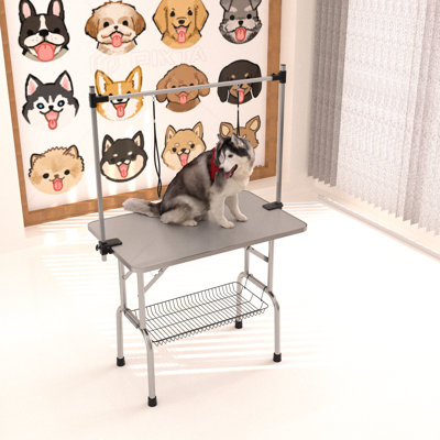 46" Folding Dog Pet Grooming Table Stainless Steel Frame Rubber Mat On Board With Adjustable Arm And Clamps Pet Dog Cat Grooming Table (SILVER-GRAY COLOR)