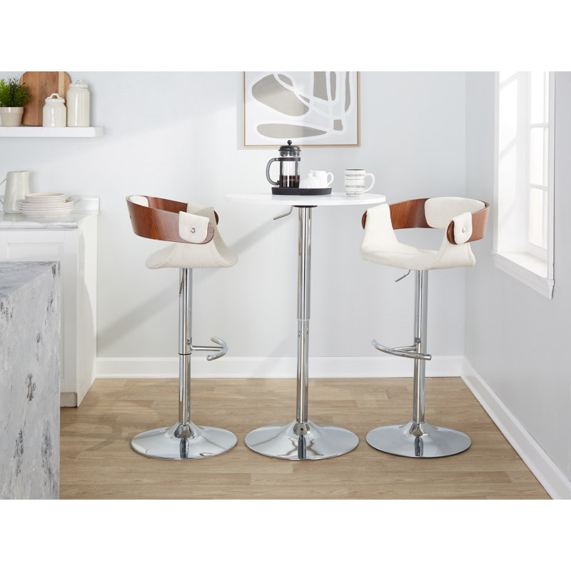 Tabouret de bar Laurenzio, Chrome, Tissu crème / bois de noyer
