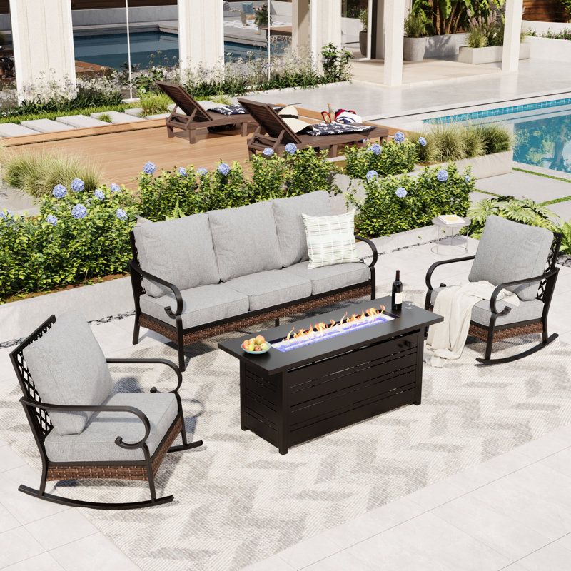 5-Person Sofa Seating Group With Rocking Lounge Chairs & Fire Pit Table, Black/Gray/Black