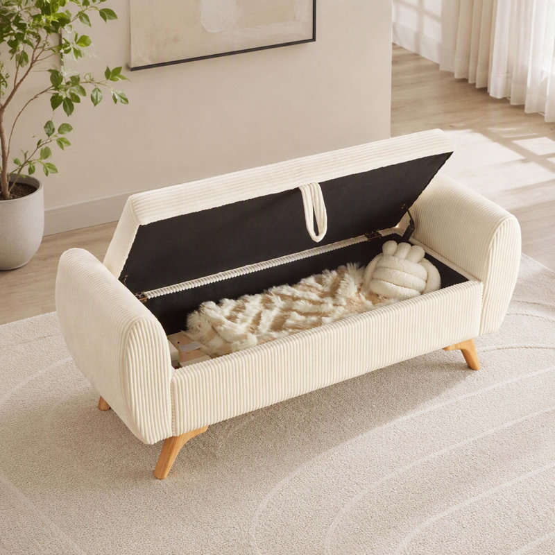 Banc de rangement moderne en velours côtelé de 145 cm de large, avec espace de rangement intégré et pieds en bois. Convient aux chambres et aux couloirs. Couleur : beige.