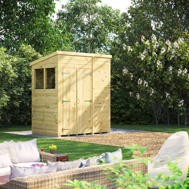 Powersheds 6 x 4ft Premium Pressure Treated Timber Pent Garden Shed, Double Doors
